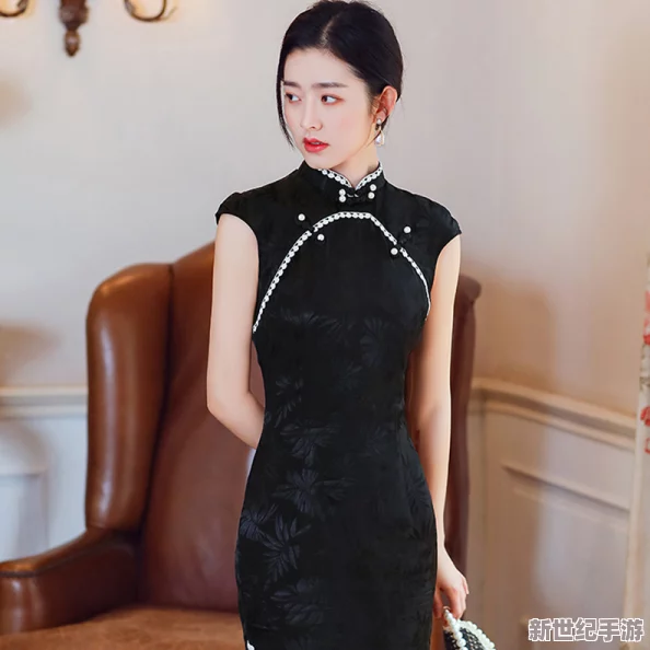 老師黑色雙開真絲旗袍