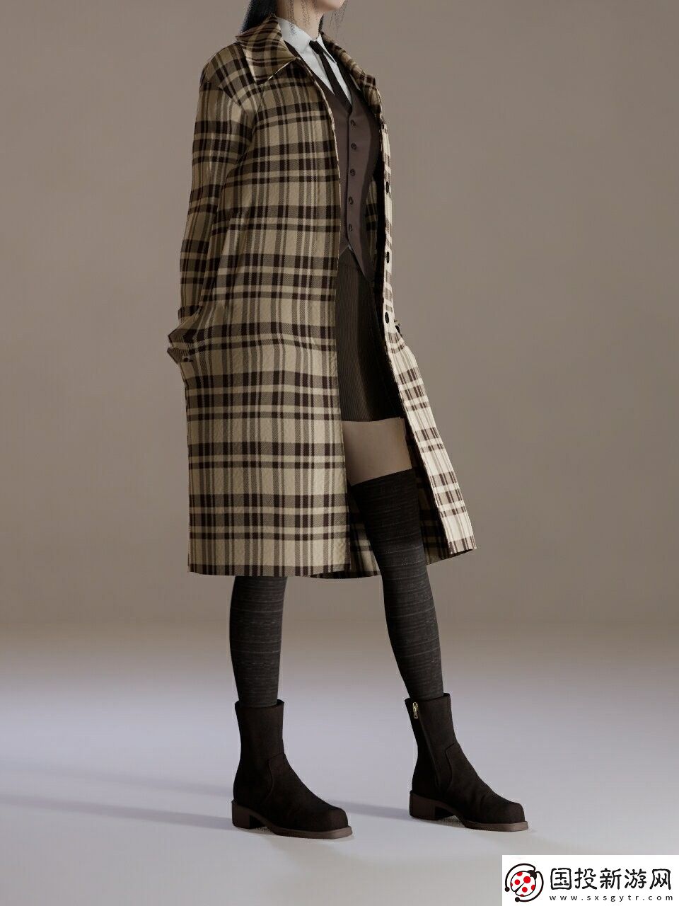 inZOI卡其色格子風衣服裝分享